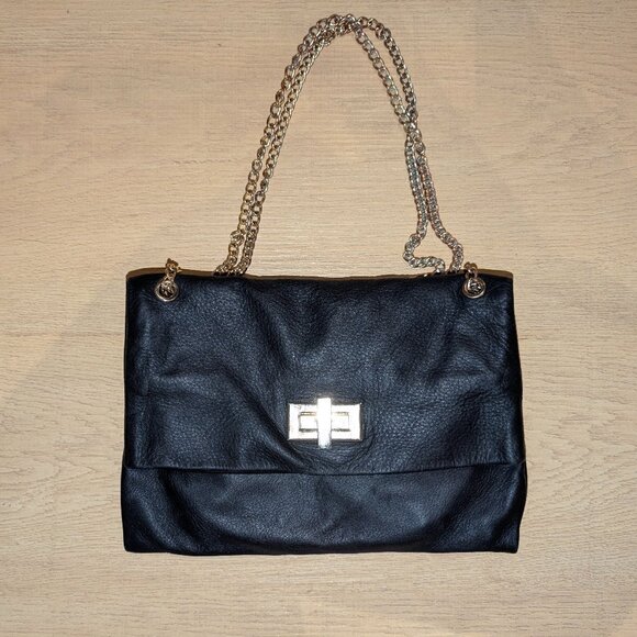 Pietro Alessandro NYC black flap over handbag purse turn lock chain leather - Picture 1 of 7